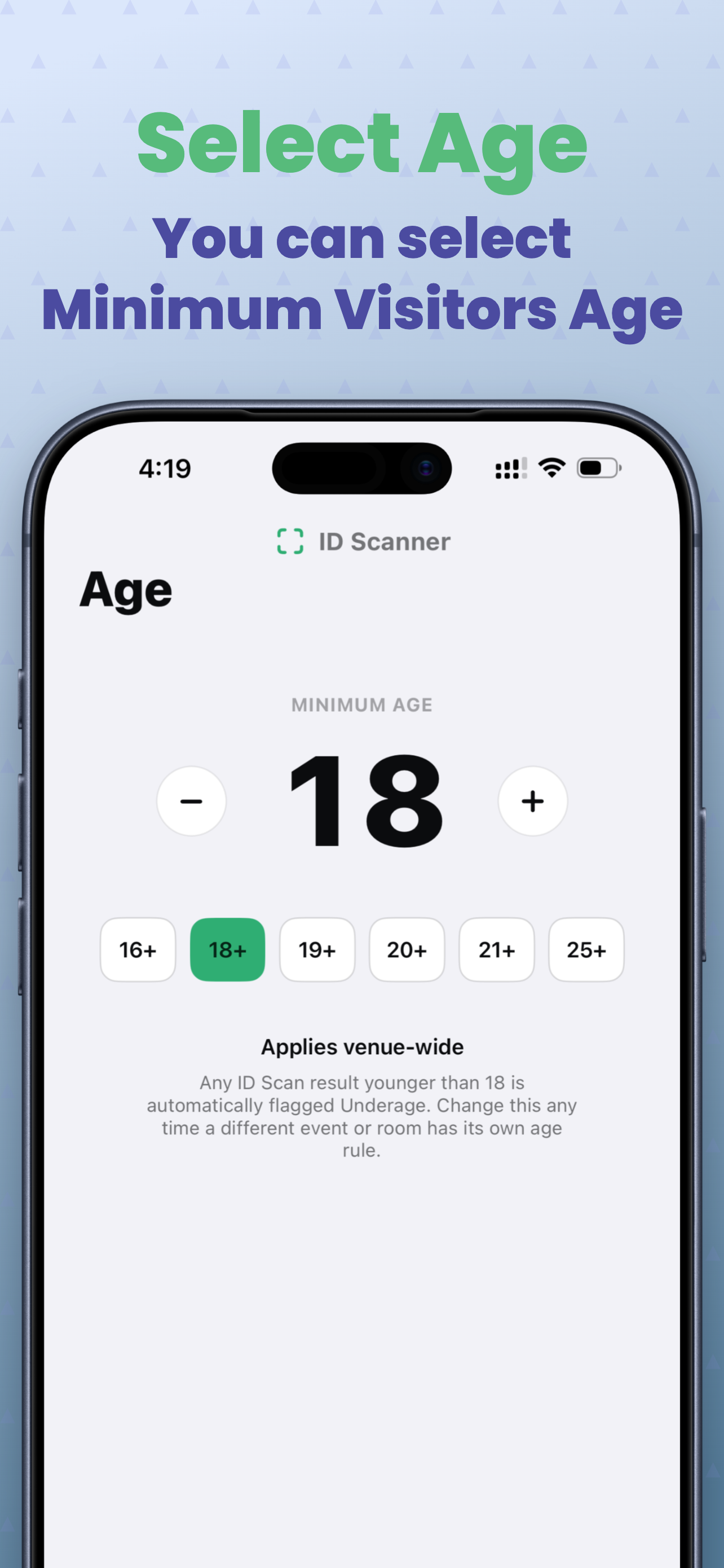 Age screen with a configurable minimum age selector set to 18
