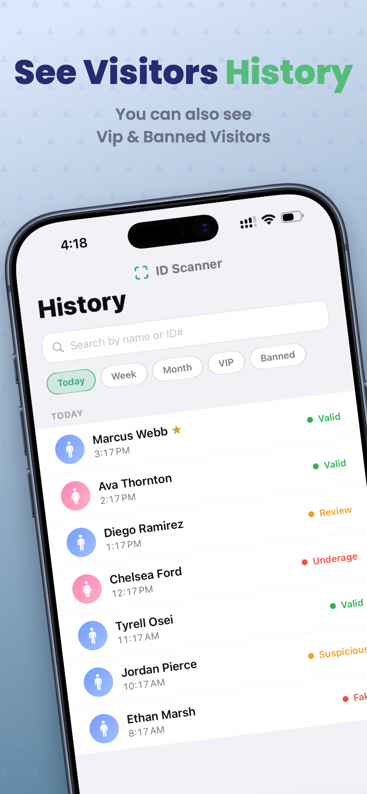 History screen listing scanned visitors with Valid, Review, Underage, Suspicious and Fake statuses