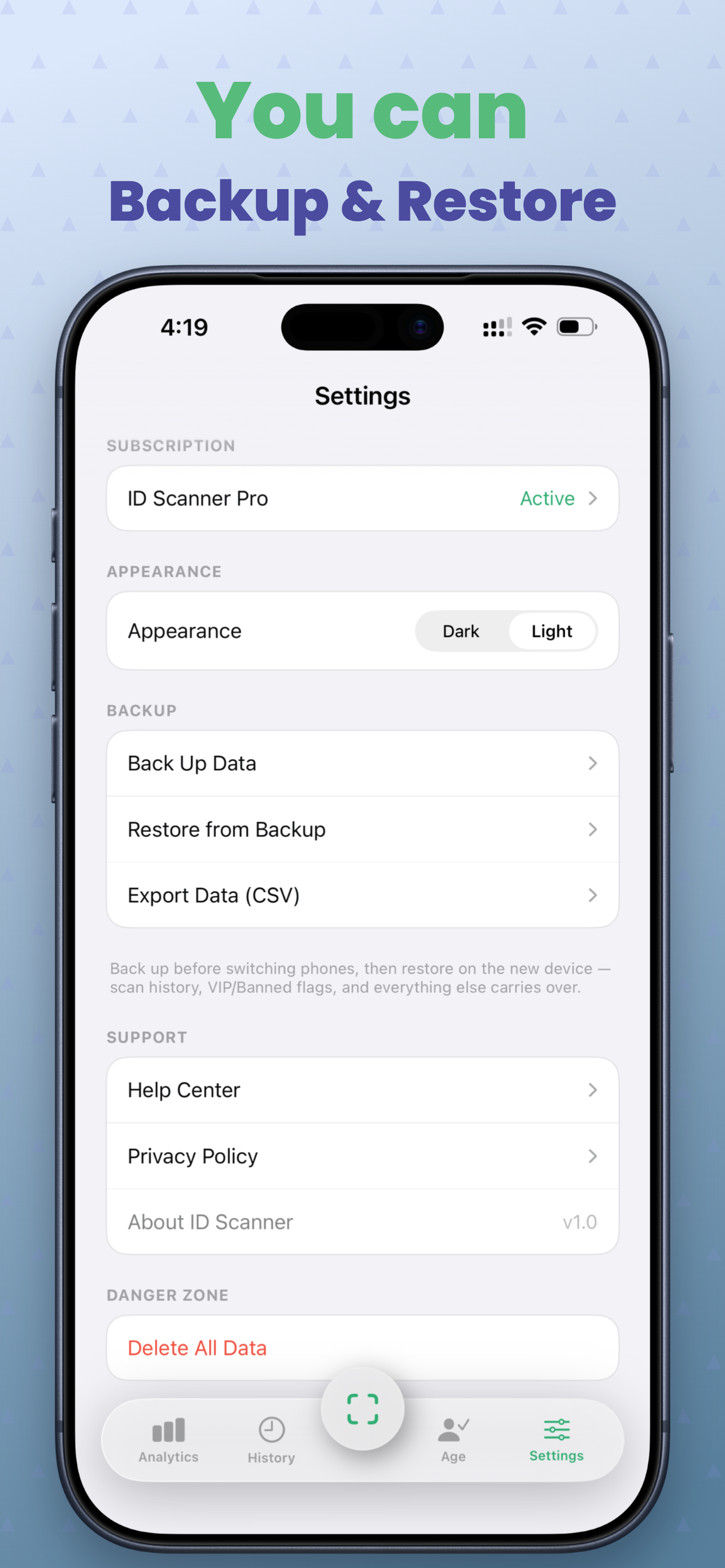 Settings screen with Back Up Data, Restore from Backup and Export Data (CSV) options