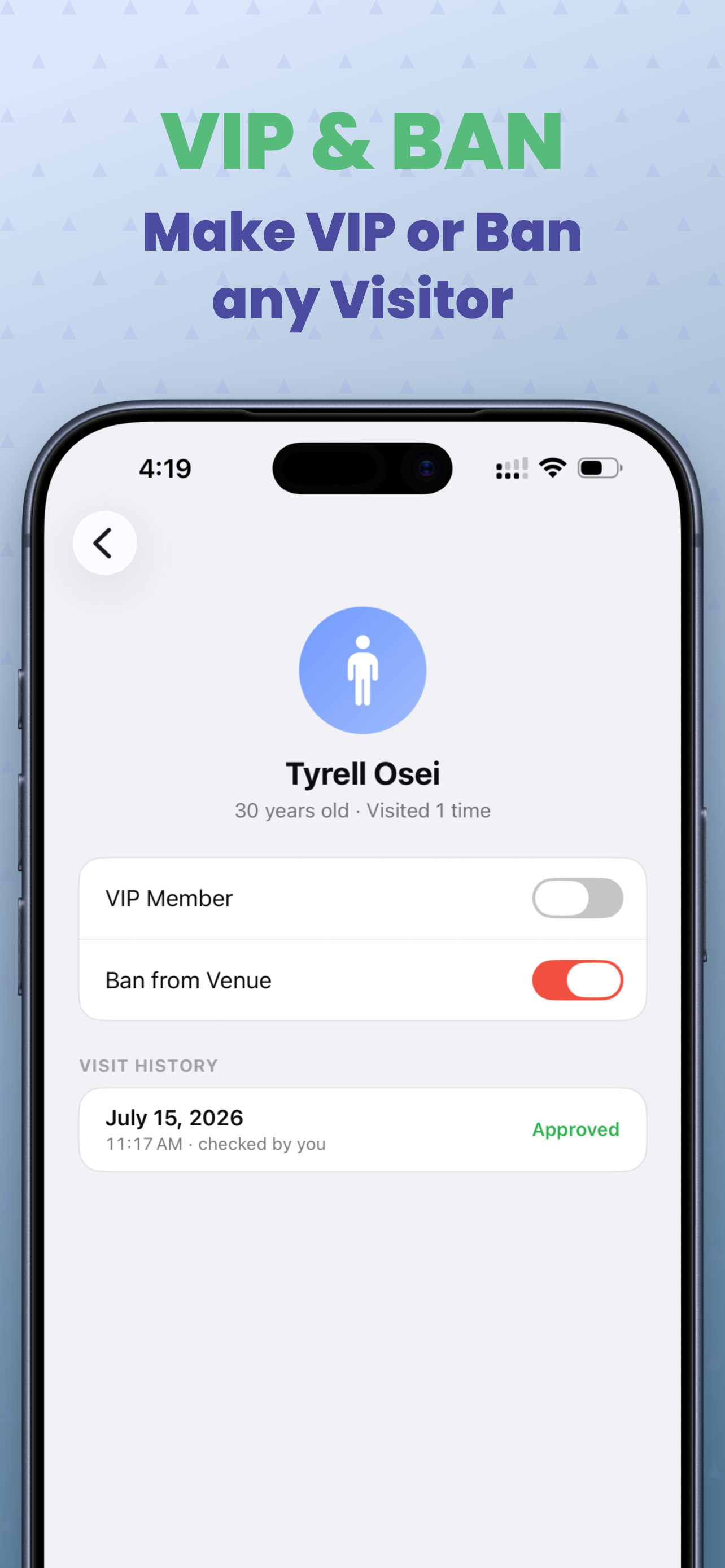 Visitor profile with VIP Member and Ban from Venue toggles